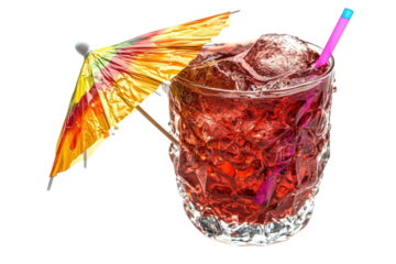 Refreshing red cocktail with ice a colorful umbrella and a pink straw on a black background on transparent background