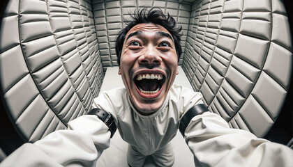 拘束衣を着た男が、防音室で狂気の中で叫んでいる。