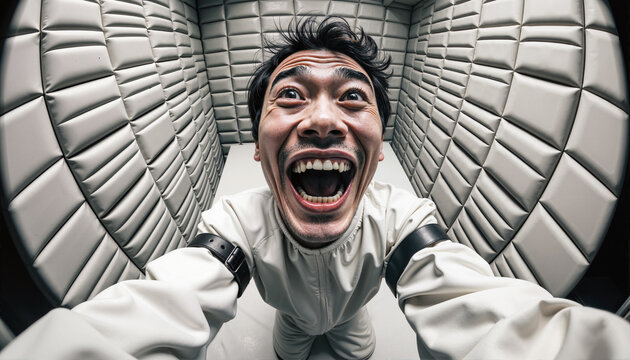 拘束衣を着た男が、防音室で狂気の中で叫んでいる。