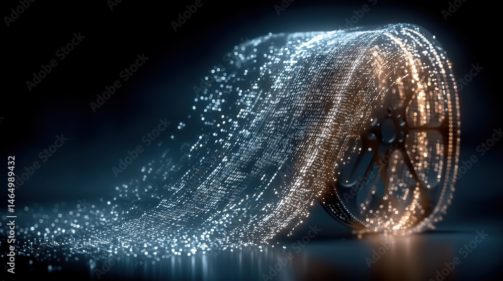 Poster conceptual visualization of a film reel made from digital code created entirely by artificial intell