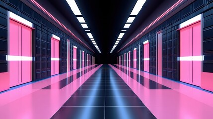 Futuristic Pink and Dark Corridor with Neon Lights and Symmetrical Doors