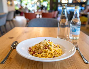 Plate of pasta carbonara with cheese and bacon, served with water at restaurant. Focus on dish. Spoon and fork on each side.