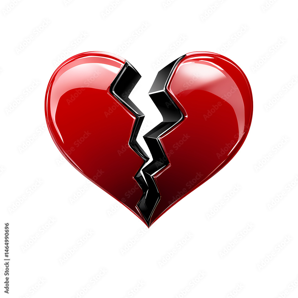 Poster glossy red broken heart 3d render on transparent background
