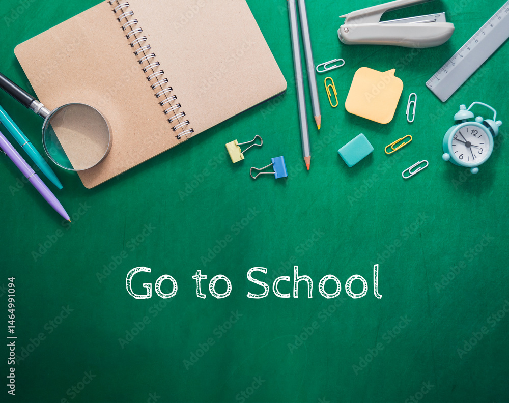 Poster Green notebook with a magnifying glass and a clock on it