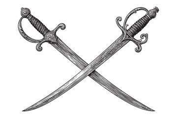 crossed sword set woodcut engraving vector illustration