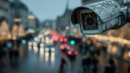 Obraz premium Hidden AI eye observes unaware individuals in a busy city street during winter festivities