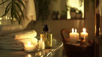 Relaxing bathroom scene with candles and towels