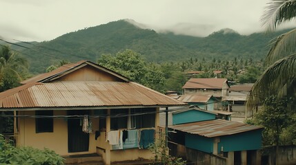 Rural buildings and mountain landscape