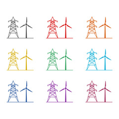 Electric tower and windmill icon isolated on white background. Set icons colorful