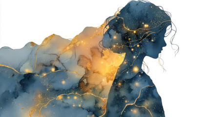 Fototapeta premium Ethereal woman silhouette with flowing hair, a celestial blend of blues, golds, and shimmering stardust for an enchanting visual art.