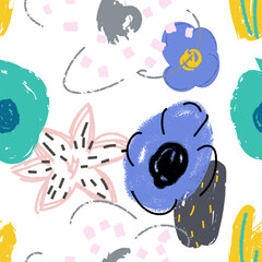 Seamless pattern with flowers. Creative universal artistic floral background. Hand Drawn textures. Trendy Graphic Design
