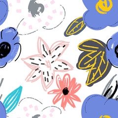 Seamless pattern with flowers. Creative universal artistic floral background. Hand Drawn textures. Trendy Graphic Design
