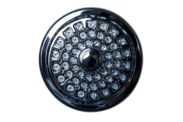 Sleek chrome LED light fixture multiple bright LEDs arranged in a circular pattern against a on transparent background