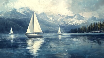Sailboats on calm lake reflecting snow capped mountain range