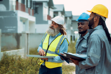 Construction engineers and their team are discussing the site preparation plan for installing solar panels, setting up the working system for an energy-saving housing project and exterior overview.