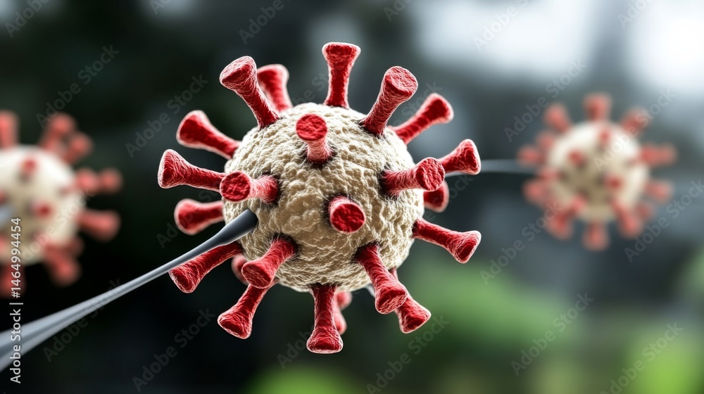 Poster close-up view of a coronavirus particle with spikes and genetic material