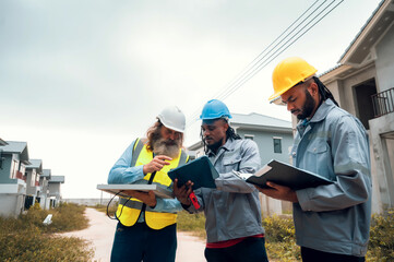 Construction engineers and their team are discussing the site preparation plan for installing solar...