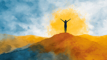 Silhouette of a person triumphantly standing on a hilltop, with arms raised against a sunny, watercolor-style sky.