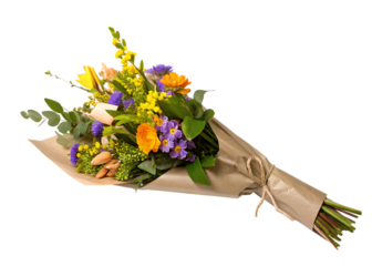 Colorful bouquet of fresh flowers wrapped in brown paper on isolated on white background PNG