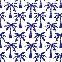 Seamless pattern with hand-drawn palm tree silhouettes in navy blue. Tropical summer design perfect for fabric, packaging, wallpaper, and vacation-themed projects.