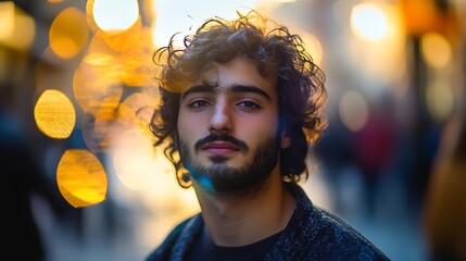Portrait of a Young Man with Curly Hair Standing in City Lights