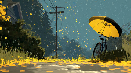 Autumn serenity quiet street scene with umbrella and bicycle amidst falling leaves