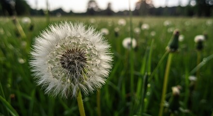 Dandelion close up in a field showcasing natural details and seed structure