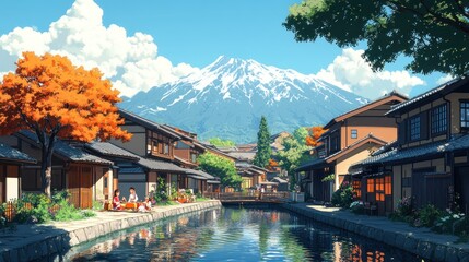 Fototapeta premium Japanese Canal Town with Mount Fuji View