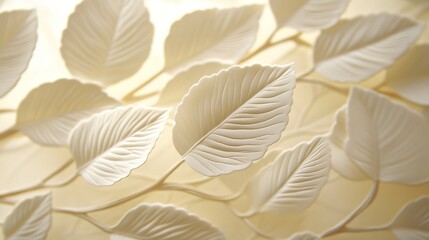 Close-up of embossed floral leaf wallpaper with soft lighting  