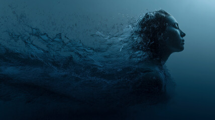 Surreal portrait of a woman dissolving into water, symbolizing transformation, fluidity, and the ephemeral nature of existence.