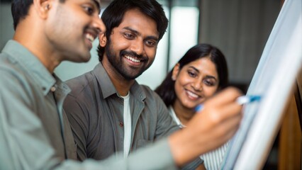 Fototapeta premium Indian Professionals Smiling While Collaborating Beside Whiteboard 