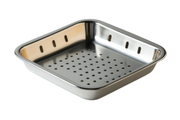 Sleek perforated stainless steel tray with a white base perfect for draining and organizing on on transparent background