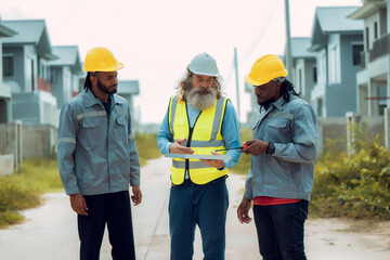 Construction engineers and their team are discussing the site preparation plan for installing solar panels, setting up the working system for an energy-saving housing project and exterior overview.
