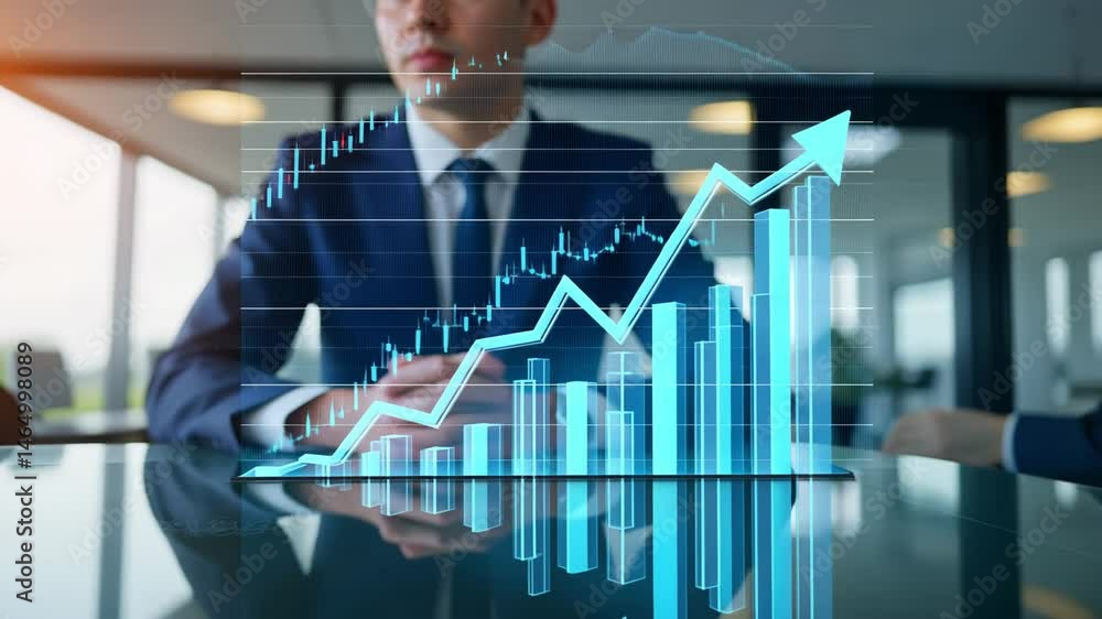 Poster business professional presenting graph and data analysis in modern office setting