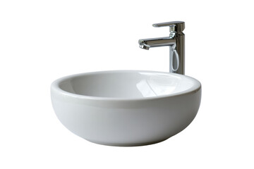 Sleek white ceramic bathroom sink with a modern chrome faucet against a black background on transparent background