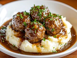Gourmet Browned Meatballs with Gravy over Fluffy Mashed Potatoes on White Plate