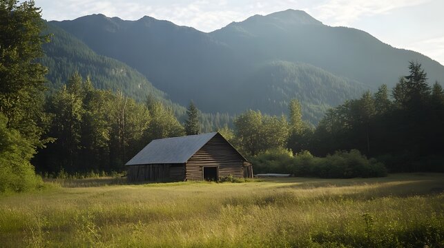 A rustic wooden cabin nestled amidst the lush greenery and towering mountains in a peaceful remote countryside setting - Powered by Adobe