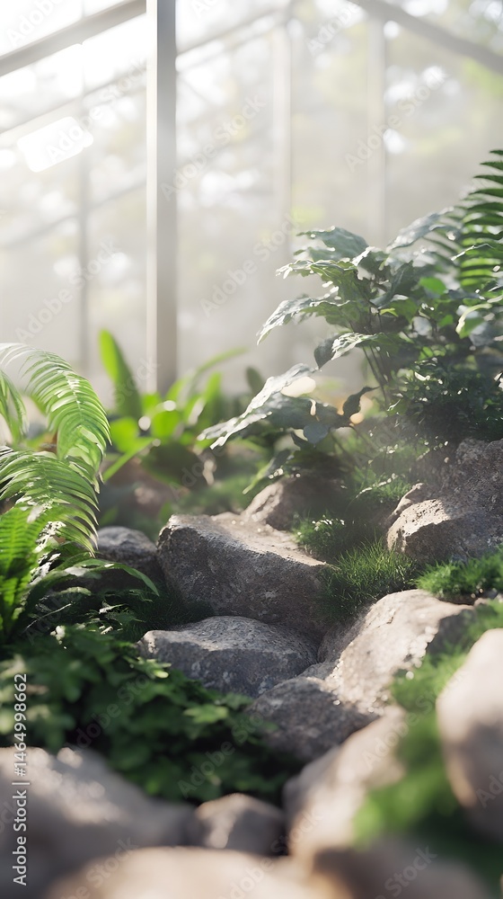 Poster a tranquil indoor greenhouse setting showcasing a diverse array of thriving plants and greenery crea
