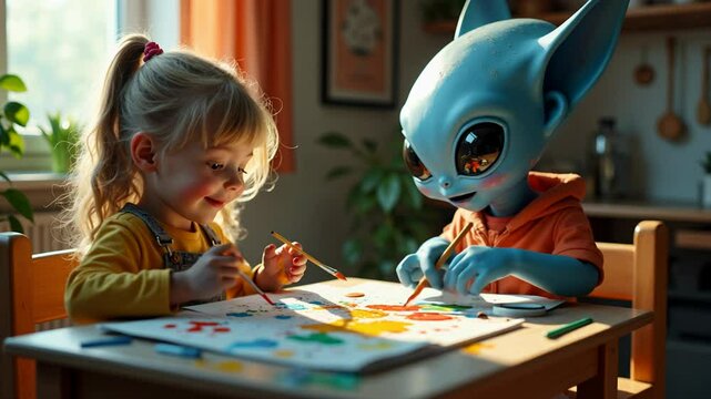 Little girl creates art with blue alien friend at a cozy table in a sunlit room filled with creativity and fun