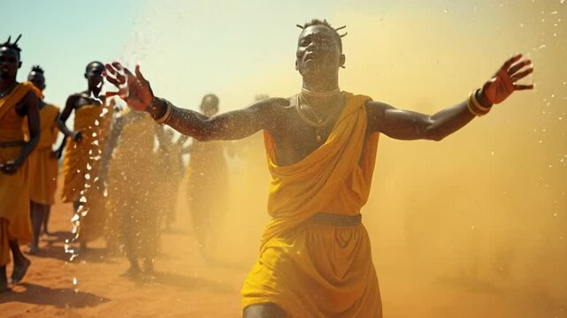 Intense ritual rain dance in sub Saharan Africa with powerful movement and expressions amid swirling dust and water