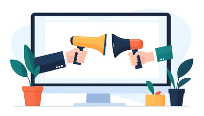 Vector isolated illustration of two partners shaking hands through a computer screen, with a megaphone nearby to represent promotion. Clean, minimal flat style on white background.