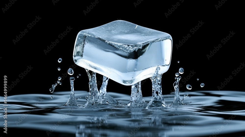 Poster ice cube splashing into water, creating dynamic droplets and ripples