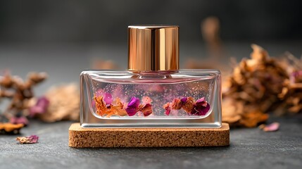 Clear Glass Roller Bottle with Dried Rose Petals on Cork Mat