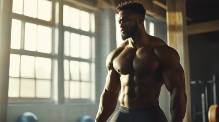 Fototapeta premium Strong African descent man posing with muscles in fitness center