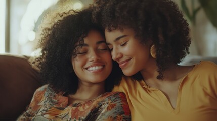 Fototapeta premium Two Black Women Smiling with Curly Hair Embracing in Indoor Setting
