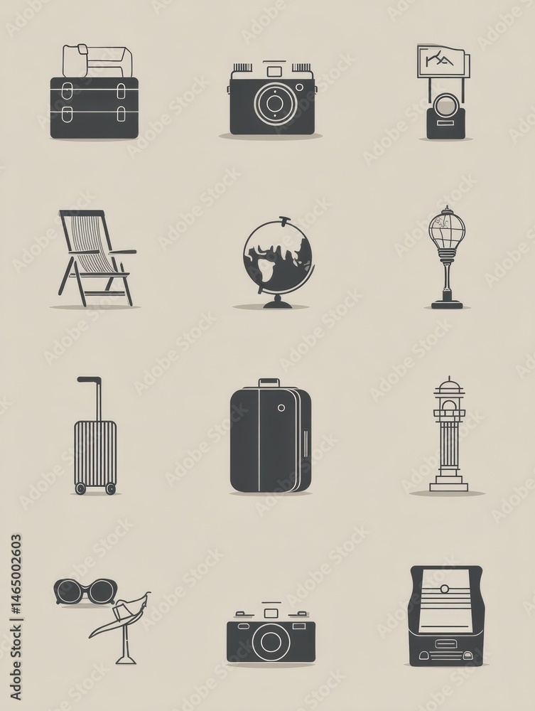 Aufkleber minimal travel icons set featuring essential items depicting journey and exploration on a neutral ba