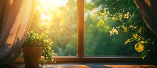 Sunlight Streams Through Window, Plants and Curtains