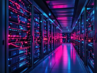 Data center corridor with colorful lighting