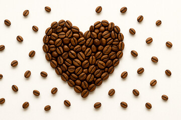 Heart Shape Made of Roasted Coffee Beans on White Background – Creative Love and Caffeine Concept for Coffee Branding, Valentine’s Promotions, and Food-Themed Design Projects