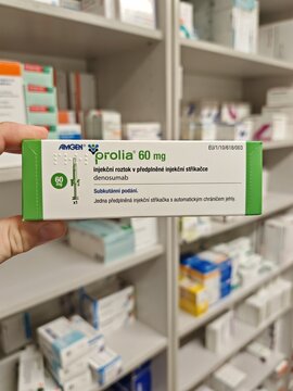 Prague,Czech Republic-April 8 2025: Amgen Prolia prefilled syringe with denosumab for osteoporosis treatment and fracture prevention in postmenopausal women.

